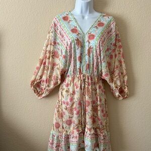 Umgee Boho Floral Long Sleeve Dress in Cream and Pink